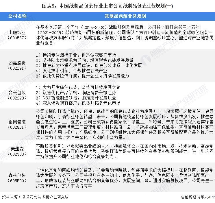 图表9：中国纸制品包装行业上市公司纸制品包装业务规划(一)
